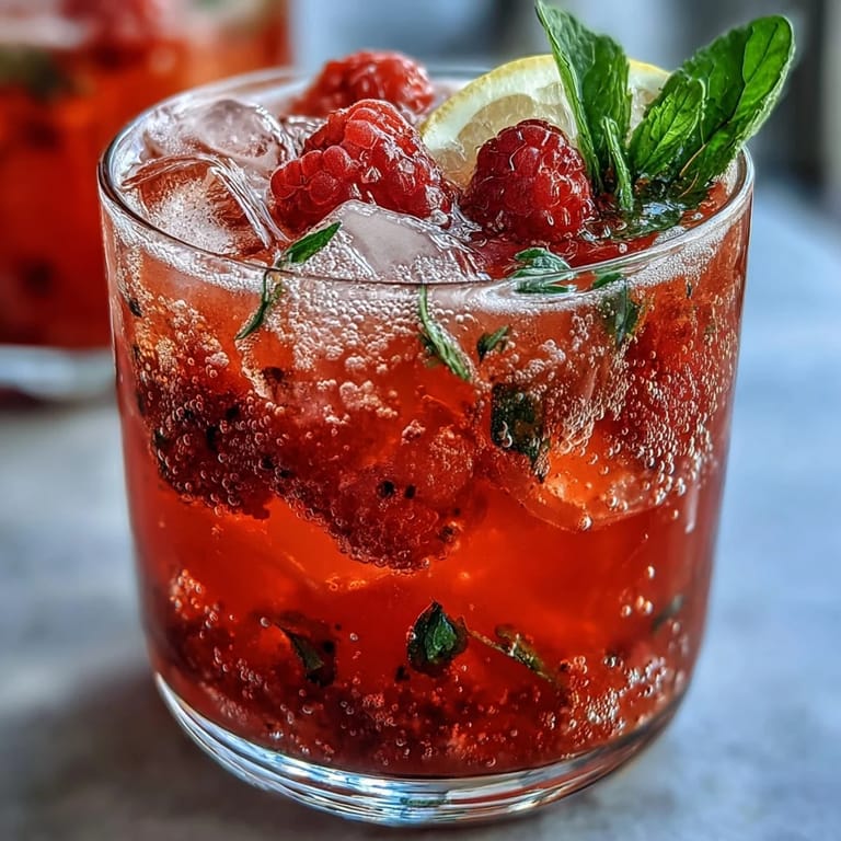 Colorful raspberry lemon fizz mocktail served over ice with fresh fruit and citrus slices.