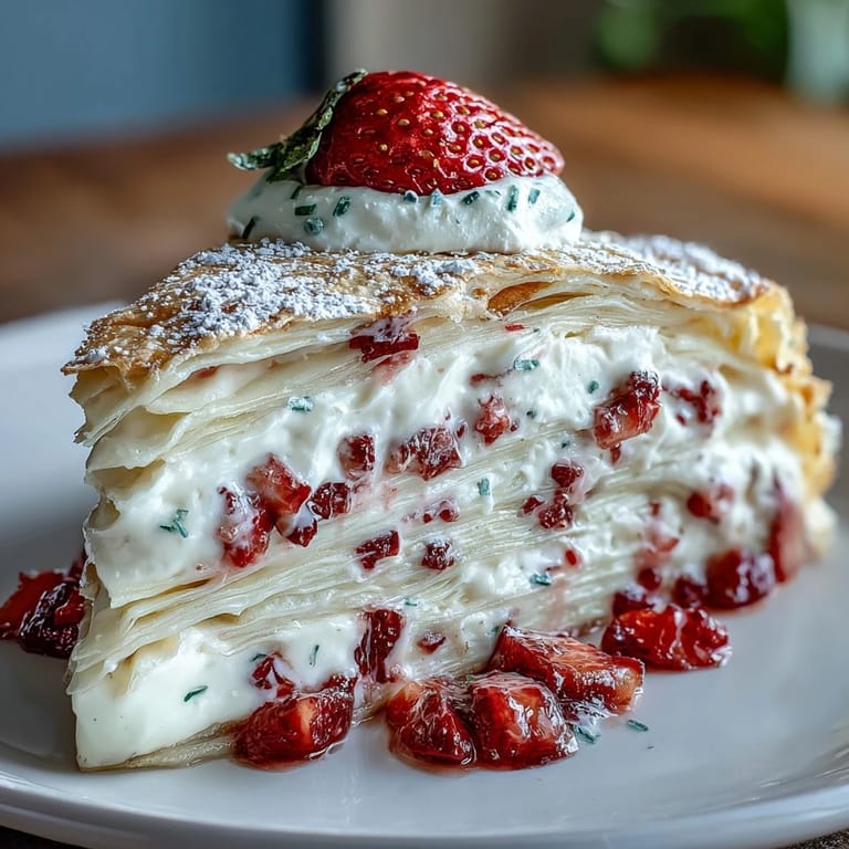 Elegant French crêpe cake featuring delicate layers of strawberry mascarpone filling, perfect for a Mother's Day celebration.