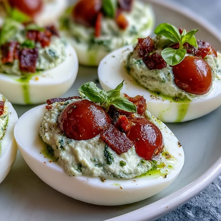 Vibrant Caprese Deviled Eggs featuring creamy filling, fresh basil oil, and diced toppings.