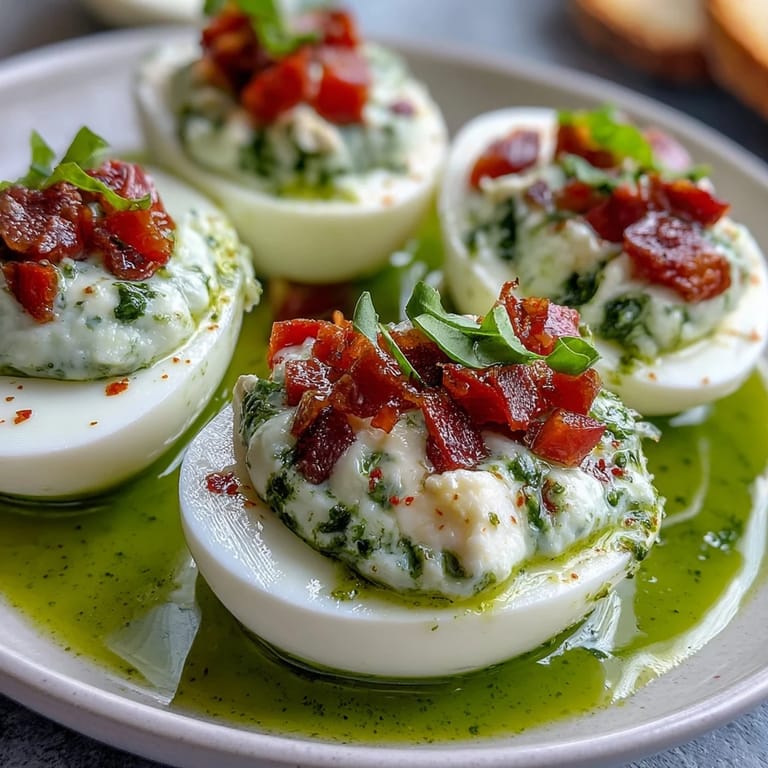 Delicious Caprese Deviled Eggs ready to serve as an elegant appetizer.