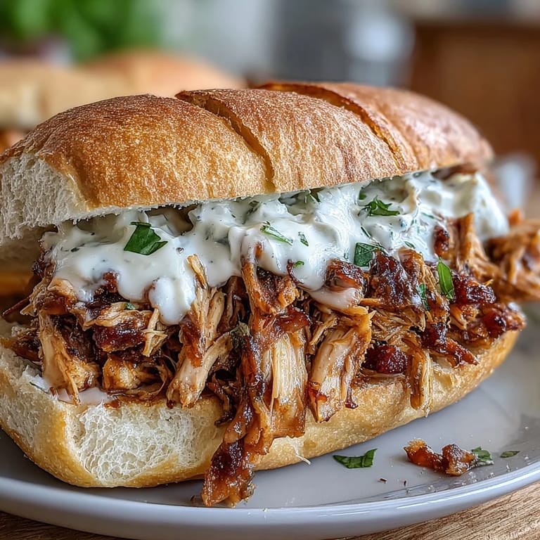 Tender, slow-smoked pulled chicken sandwiches generously topped with creamy, tangy white Alabama BBQ sauce.