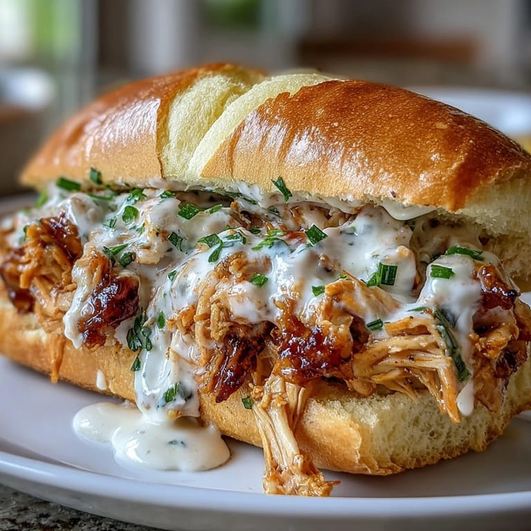 Golden-brown buns overflowing with savory smoked pulled chicken and a delectable white BBQ sauce.