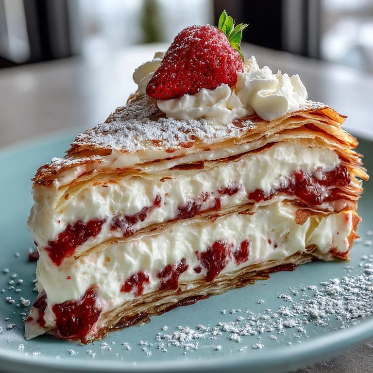 Multi-tiered crêpe cake with luscious strawberry mascarpone cream, topped with fresh berries and a dusting of powdered sugar.