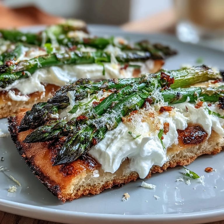 Vibrant flatbread topped with tender roasted asparagus, melty burrata, and fresh lemon.