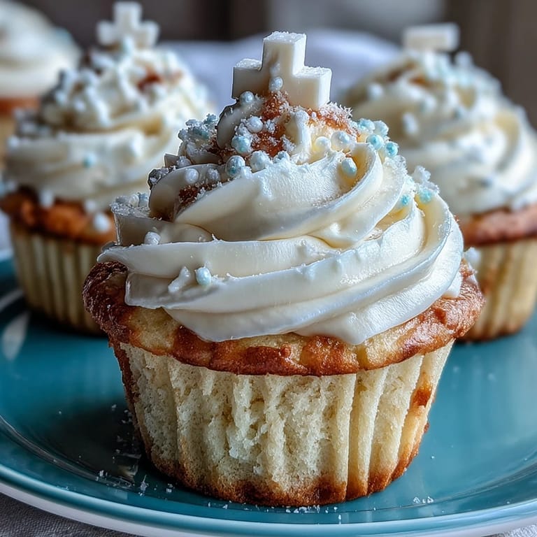 Sweet Communion cupcakes with fluffy buttercream and detailed fondant cross toppers.
