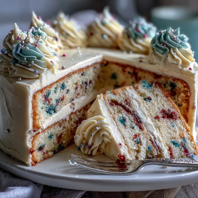 A celebratory Class of 2026 Confetti Cake, ready for slicing with delightful rainbow speckles.