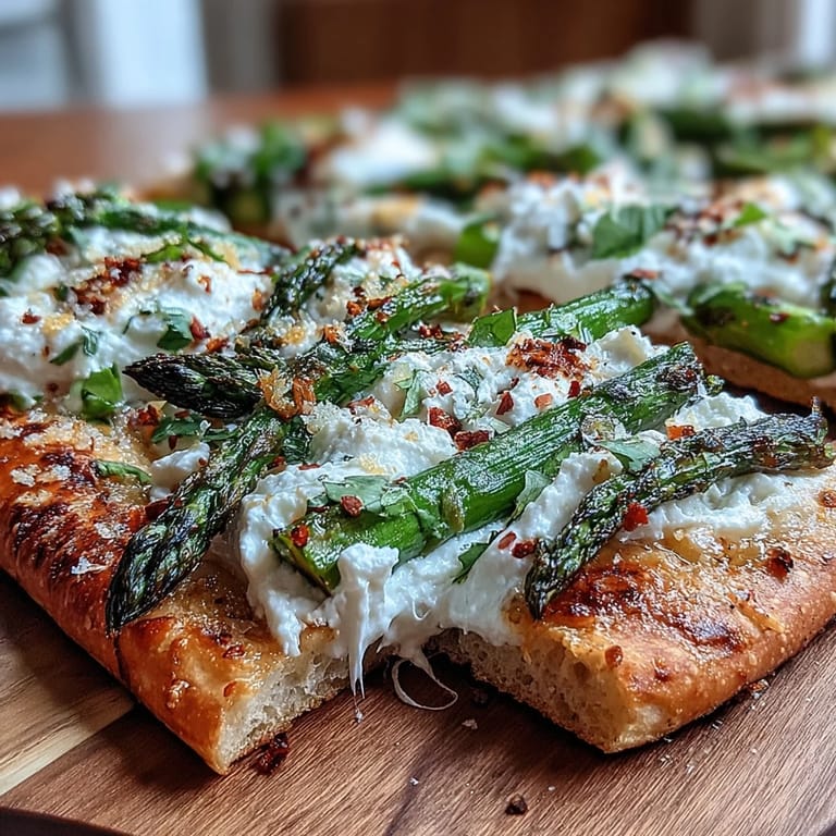 Delicious Italian-inspired flatbread showcasing roasted asparagus and burrata, drizzled with lemon.