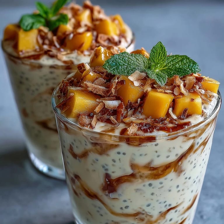 Decadent Skyr Protein Chia Pudding topped with fresh mango and crunchy nuts.