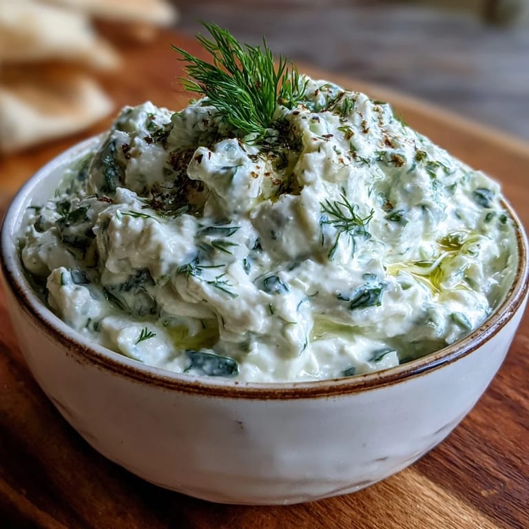 Vibrant Skyr Tzatziki Dip chilled with dill and crisp cucumber for dipping.