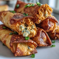 Golden-brown Buffalo Chicken Dip Egg Rolls are stacked on a platter, steam rising, with a side of ranch dipping sauce and celery sticks.