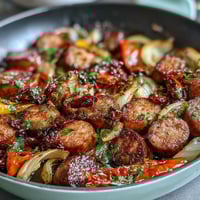 A colorful sheet pan of roasted sausages, bell peppers, and onions, golden and sizzling, perfect for a quick family dinner.