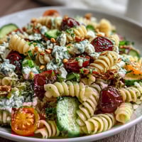 Fresh lemon vinaigrette pasta salad with crisp cucumbers and juicy cherry tomatoes, perfect for summer picnics and light lunches.