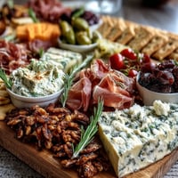 Housewarming Party Charcuterie Board with Dips and Crackers: Vibrant cured meats, cheeses, fresh fruits, and assorted dips arranged for a festive, shareable appetizer spread.