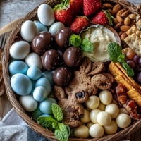 Mini Easter basket charcuterie board with colorful cheeses, cured meats, and pastel candies arranged in festive spring baskets.