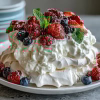 Light and airy pavlova topped with whipped cream and vibrant fresh berries, perfect for spring celebrations.  