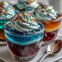 Rainbow Jello Cups for Kids: Vibrant layered gelatin dessert in clear cups with whipped cream and sprinkles, perfect for festive parties.
