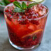 A vibrant raspberry lemon spritz mocktail with fresh berries and sparkling water in a glass.