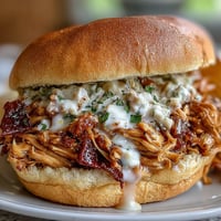 Juicy smoked pulled chicken bursting with flavor on toasted buns, drizzled with white BBQ sauce.