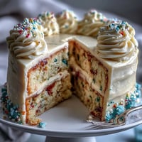 Class of 2026 Confetti Cake: vibrant sprinkles nestled within fluffy cake, crowned with champagne frosting.