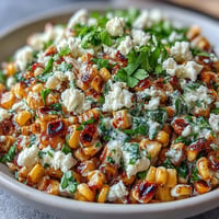 Vibrant Mexican Street Corn Salad with cotija, charred corn, and lime dressing.